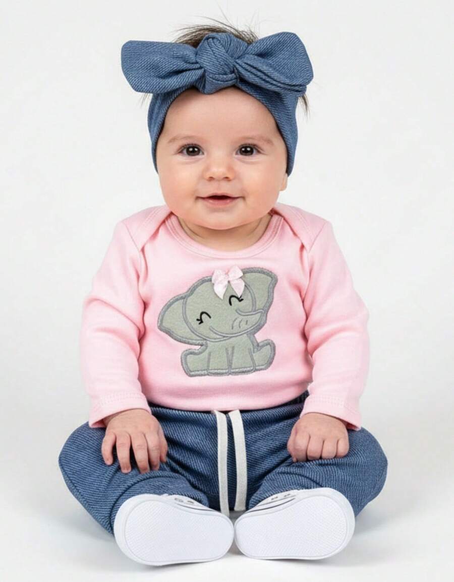 Sempre Bebê Baby Girl Clothing Set Long Sleeve Bodysuit With Pants And Headband Blogger Diva Leopard Print Kitten Bow Outfit Winter Cold Weather Set Little Elephant - 水鴨藍 - 查看 1