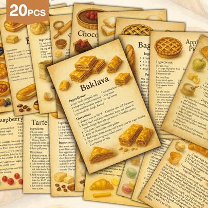 20 Bưu thiếp công thức nấu ăn cổ điển - Sách dạy làm bánh ngọt Pháp kiểu retro 4x6 inch với hướng dẫn làm bánh Macaron, Croissant & Madeleine - Hoàn hảo để trang trí nhà bếp, làm sổ lưu niệm, thiệp và dành cho người yêu thích làm bánh.
