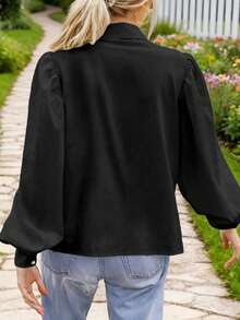 Top à manches bouffantes avec boutons perle pour femmes grandes tailles, blouse ample style palais rétro à manches lanternes, chemise noire pour le travail et les sorties au printemps - Noir - Voir 3