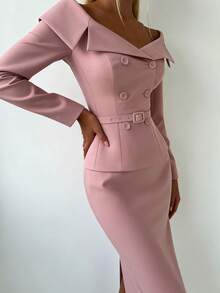 Women's Elegant Sexy Fitted Double-Breasted Belted Off Shoulder V-Neck Blazer Jacket, Suitable For Commuting, Dating, Parties, Street Photography And Other Occasions - Pink - View 6