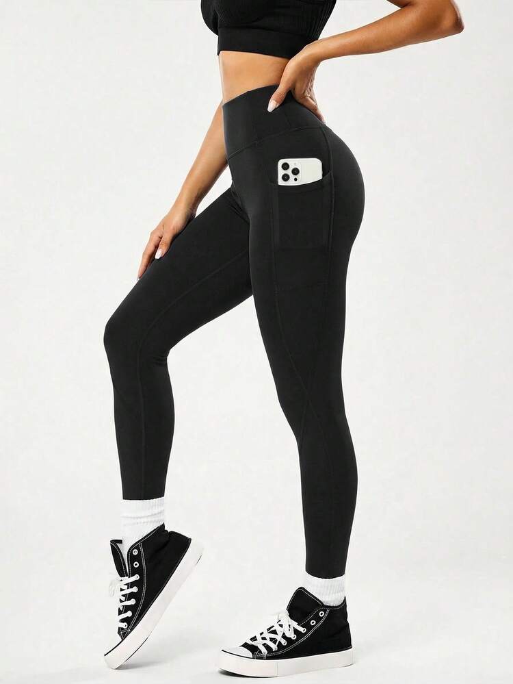 新款加大码女式柔软高腰高弹力运动紧身裤，休闲日常户外骑行裤，纯色带口袋，适合健身房、运动、普拉提等场合。 - 黑色 - 查看 3