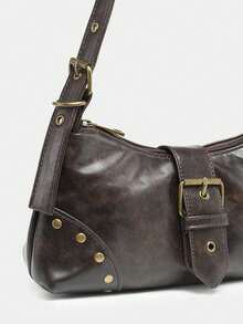 1pc Retro Maillard Distressed Leather Motorcycle Bag With Studs And Buckles, Soft Touch, Folded Detail, Cloud Shape, Shoulder & Crossbody Bag, Suitable For Work, Commute, Date And Party, Retro Inspired Vintage Bag For Women, Halloween Purse Perfect For Fancy Party Halloween Fashion & Gothic Fashion , Vintage Bag - 棕色 - 查看 4