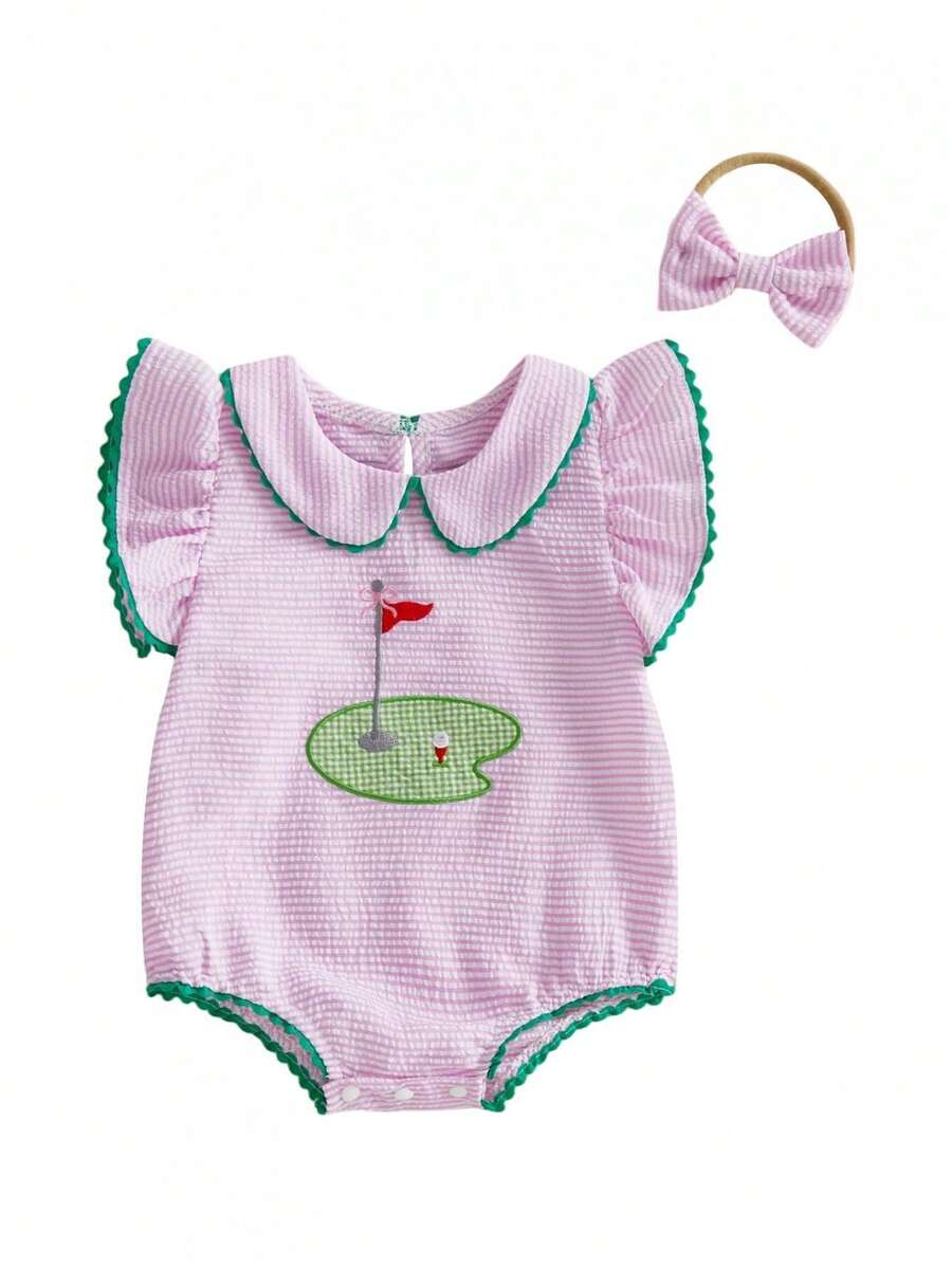 Newborn Baby Boy Golf Clothes Embroidery Sleeveless Bubble Romper Stripe Bodysuit Cute Infant One Piece Summer Outfit - Hồng - Xem 1
