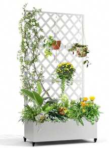 Biombo móvil para exteriores con jardinera y enrejado - Divisor metálico resistente a la intemperie para balcones, patios o terrazas - Orificios de drenaje, ruedas bloqueables - Ideal para plantas trepadoras, hortalizas y flores - Blanco - Ver 2