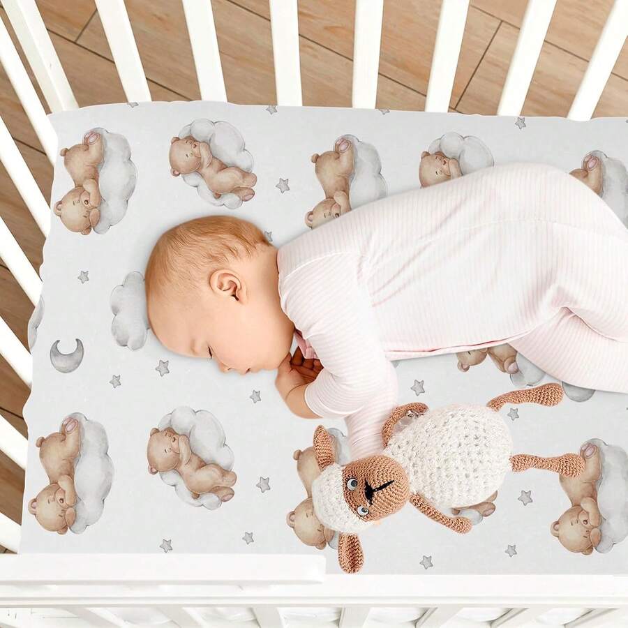 Oaoleer 1PC Crib Sheets For Boys & Girls, Teddy Bears Clouds Pattern, Neutral, Mini Crib Mattress Sheets, Fitted