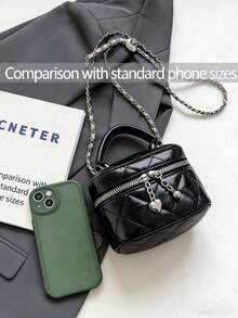 1pc Women Mini Handbag, Fashion Solid Color Embroidered Rhombus Pattern Crossbody Bag Fits Cards & Keys - màu đen - Xem 7