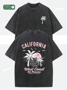 230g Heavyweight Washed Vintage T-Shirt For Women - Loose Fit Round Neck Short Sleeve, California Beach Surf And Palm Tree Print, Light Pink And White Casual Summer Wear, Machine Washable Vintage Surf Style Top Suitable For Spring/Summer Outfits - Unisex, Comfortable Cotton, Vintage Heavyweight Washed Loose T-Shirt - màu đen - Xem 7