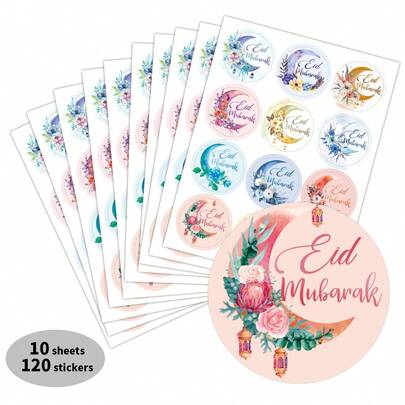 120 st/10 ark färgglada blommor och månen Eid Mubarak-klistermärken, runda Ramadan-etiketter för presentinslagning och Eid-festdekorationer, presentetiketter för högtider, muslimska festtillbehör