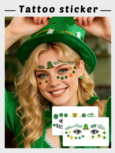 St. Patrick's Day Face Tattoo Set - Clover, Leprechaun, Eye Makeup Stickers, Irish Party Makeup Decorations