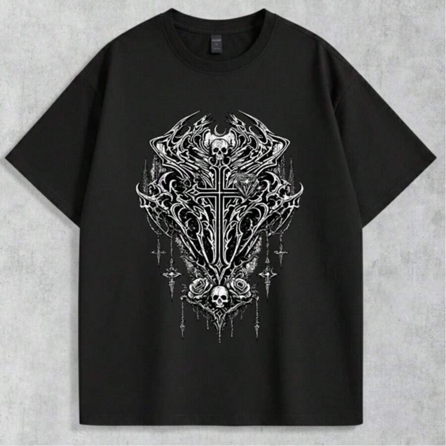 Men's Gothic Punk Style Skull T-Shirt, 100% Cotton, Printed - 黑色 - 查看 1