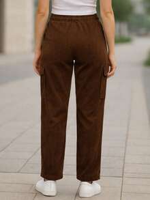 Pantalón Cargo Mujer de Pana con Cintura Elástica y Bolsillos Laterales - Tabaco - Ver 2