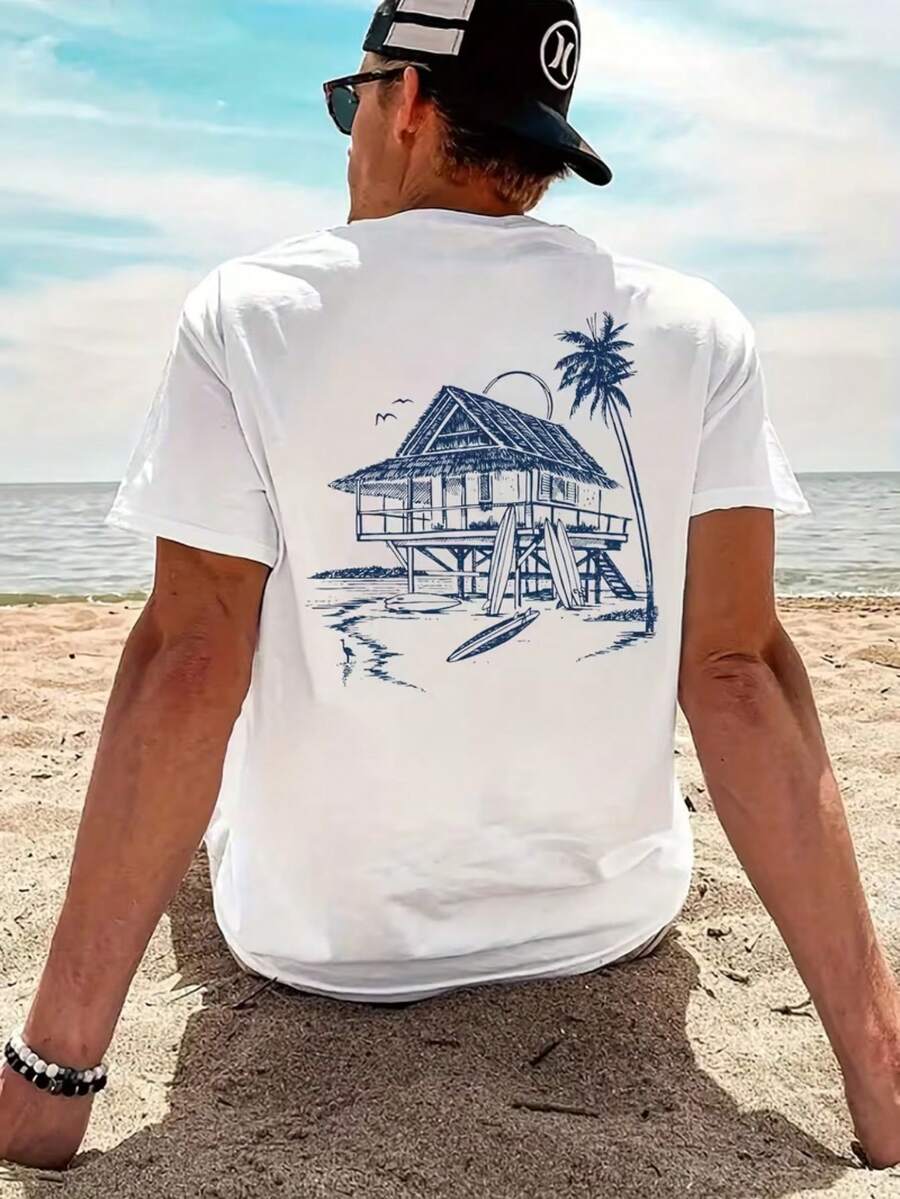 Beach House T-Shirt Unisex Men's Women's Blouse 100% Cotton Premium Top Streetwear New Arrival Immediate Shipping Various Colors!! - 白色 - 查看 1
