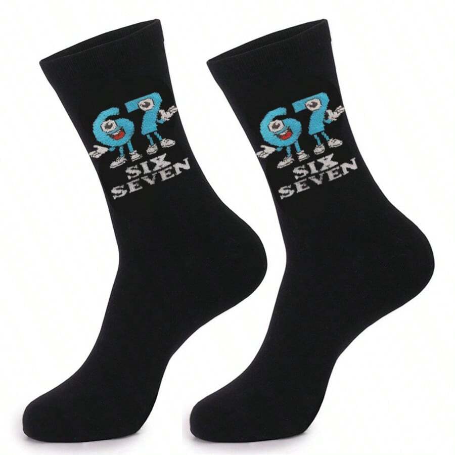 1双卡通数字67袜子，中文67复古卡通黑色背景数字67嘻哈趣味生日派对礼物，男女通用 - 黑色 - 查看 1