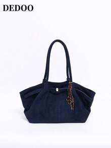 Dedoo 1 chiếc túi xách tay giả da lộn (kèm phụ kiện), dung tích lớn, màu trơn, kiểu dáng thanh lịch dành cho nữ, túi công sở phong cách retro phù hợp cho nữ sinh, phụ nữ, sinh viên và người đi làm. - Xanh đậm - Xem 2