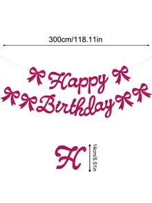 Glitter "Happy Birthday" Pull Flag, Pink Bow Birthday Banner, Birthday Party Decoration Pull Flag, Bow Birthday Theme Pull Flag, Bow Birthday Party Decorations - Hot Pink - View 3