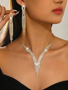 1 Set de joyería dorada con cristales completos para mujer, collar en forma de V brillante + aretes con flecos, material de cristal/cobre, adecuado para ocasiones formales, regalo para el Día de San Valentín/Día de la Madre - Multicolor - Ver 7