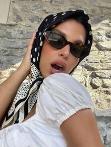 1条女士波点真丝围巾，女士真丝领巾，时尚真丝围巾披肩，夏季 - 黑色 - 查看 4