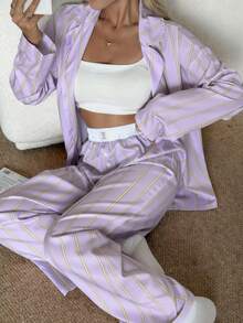 Nina Bonheur 2pcs Women Loose Comfortable Breathable Striped Long Sleeve Pajama Set, Suitable For Loungewear - 淡紫色 - 查看 3