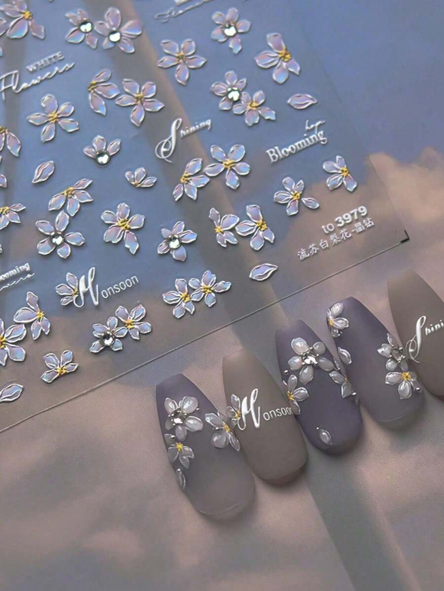 1片优雅花卉水晶钻石美甲贴纸，5D白色梨花流苏冬季美甲DIY装饰美甲贴纸 - 彩色 - 查看 1