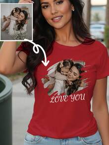 Customized Women's T-Shirt - Add Your Own Text And Images, Simple Spring/Summer Apparel, Customized (Family Photo/Selfie/Pet Photo/Friend Photo/Party Photo/Parent-Child Photo/Couple Photo) Customized Text/Blessing/Name, Fashionable, Stylish, Minimalist, Casual Unique, Casual Sportswear, Surprise Gift - Red - View 2