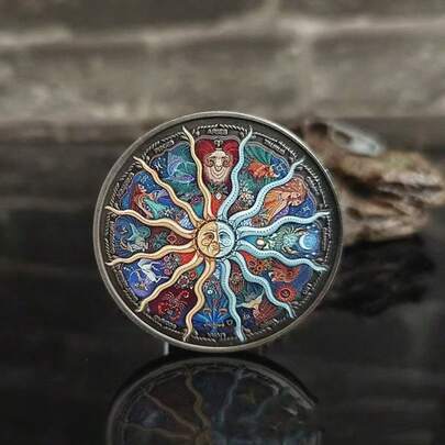 12 Zodiac Signs Sun & Moon Lucky Coin Bronze-Tone Colorful Commemorative Medal, Collectible Small Gift Coin Decor