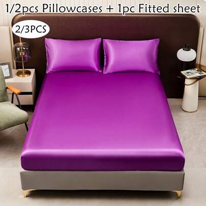 2/3pcs Purple Faux Silk Bedding Set, Minimalist Luxury Solid Color Satin Fitted Sheet Pillowcase Set, Silky Soft, Machine Washable, Deep Pocket, Suitable For All Seasons