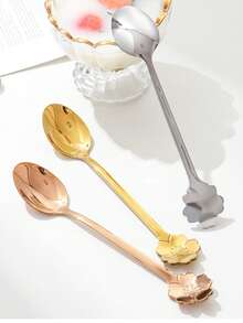 Stainless Steel Dessert Spoon, Creative Flower-Shaped Coffee Stirring Spoon With Long Handle, Gold Cherry Blossom Dual-Head Spoon, Suitable For Afternoon Tea - Multicolor - View 3
