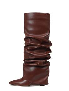 Shark Brown Boots Women's Knee High Boots Solid Color Pointed Toe Fold Over Boots Slouchy Wedges High Heels Shoes Wide Calf Easter Festival Fashionable Outdoor Party Boots Motorcycle Shoes - màu nâu - Xem 8