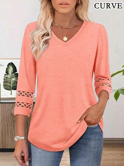 Plus size dames T-shirt met V-hals en 3/4 mouwen, casual model, herfstkleding, roze, lente