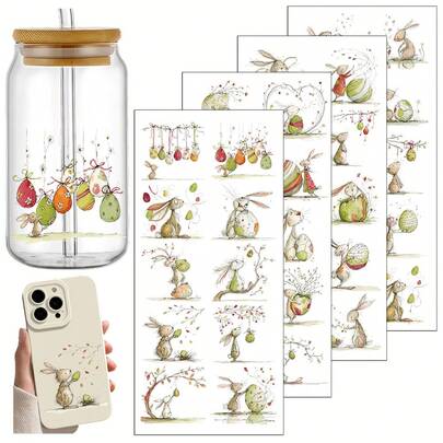 4张复活节兔子主题UV转印贴纸 - 适用于DIY工艺品、马克杯、笔记本电脑和水瓶，自粘塑料贴纸，DIY马克杯装饰，笔记本电脑贴纸，节日装饰，喜庆设计，高品质印刷，耐用贴纸