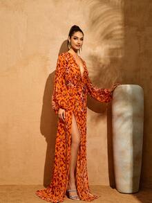 LOVE&LEMONADE 性感橙色豹纹长袖V领交叉腰带高开衩沙滩派对连衣裙 - 橘色 - 查看 5