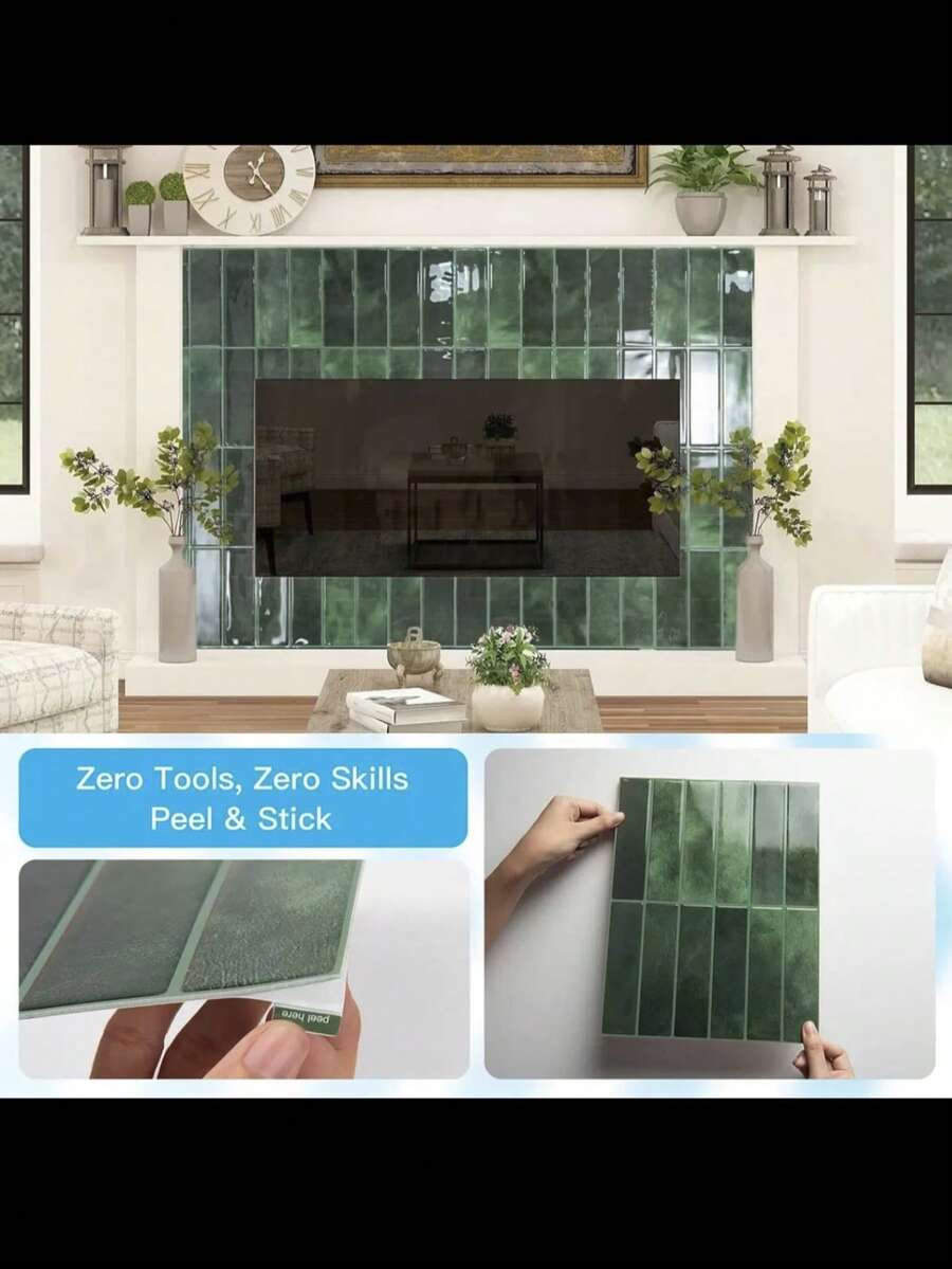 1/10/30pcs Green Brick Tile Pattern Self-Adhesive Wall Stickers, Peel And Stick Wallpaper, Waterproof, Suitable For Living Room, Kitchen Backsplash, Bathroom, Zellige Style - Green - View 1