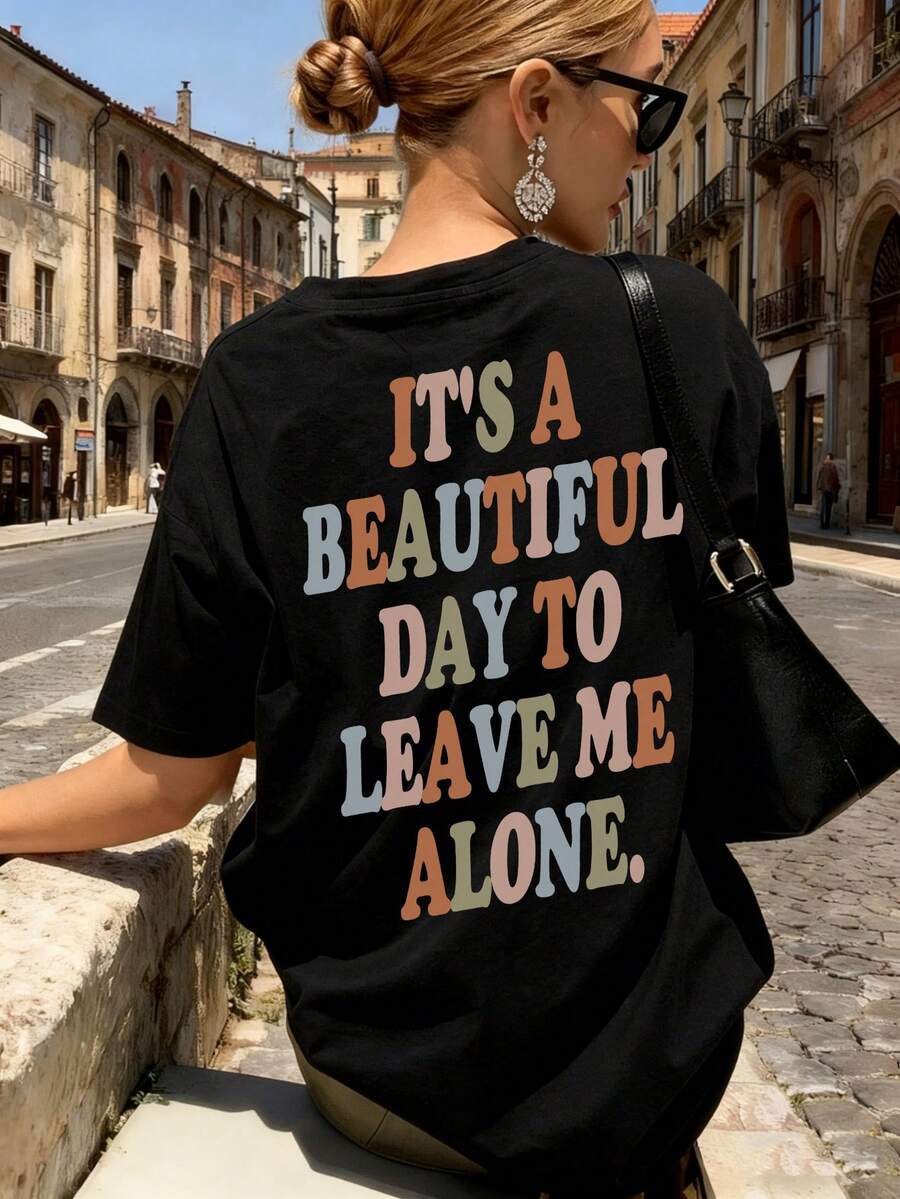 女士彩色印花圆领短袖简约日常夏季T恤。女士黑色休闲印花T恤 - 黑色 - 查看 1