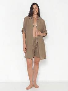 Women's 2-Piece Set: Shorts And Kimono Shirt, Beachwear Style - 卡其色 - 查看 3