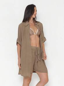 Women's 2-Piece Set: Shorts And Kimono Shirt, Beachwear Style - 卡其色 - 查看 6