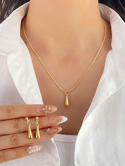 Conjunto de 3 piezas de collar con colgante de gota de agua y aretes de metal minimalista de lujo personalizado, conjunto de joyas de moda para mujer, elegante y versátil para uso diario y commute