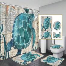 1/4-Piece Bathroom Set With Turtle And Starfish Pattern, Waterproof, Machine Washable, Includes Hooks, Ocean-Themed, Suitable For All Seasons. - A - View 1