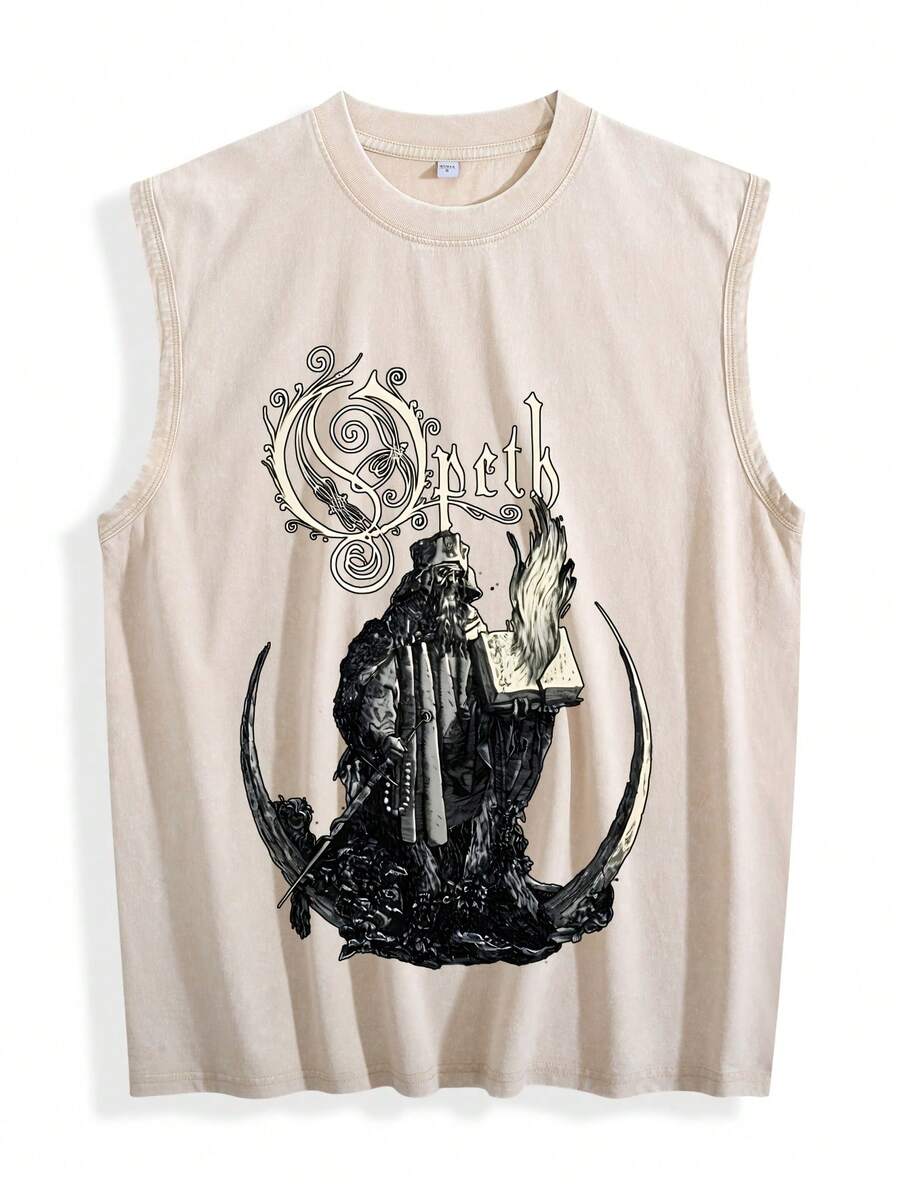 Opeth Band Dark Metal Style Washed Vest, Niche Rock Subculture Sleeveless Tank Top VS003-A - 杏色 - 查看 1