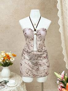 New Sexy Floral Print Mesh Beaded 3-Piece Bikini Set, Halter Swimsuit, Suitable For Beach, Pool Party, Spring/Summer - Brown - View 8