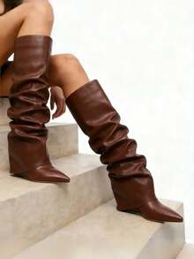 Shark Brown Boots Women's Knee High Boots Solid Color Pointed Toe Fold Over Boots Slouchy Wedges High Heels Shoes Wide Calf Easter Festival Fashionable Outdoor Party Boots Motorcycle Shoes - màu nâu - Xem 4
