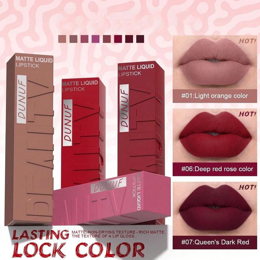 DUNUF 1 thỏi son lì dạng lỏng Velvet Matte, dễ thoa, lâu trôi, đa năng dùng được hàng ngày, dự tiệc, ngày lễ, quà tặng ngày Valentine, trang điểm môi.