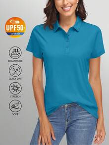 KEFITEVD Women's Polo Shirts UPF 50+ Sun Protection 4 Buttons Casual Work Quick Dry Short Sleeve Collared Golf Shirt - 藍綠色 - 查看 1