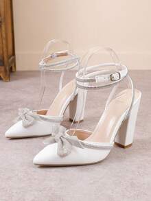 Elegant Women's Pointed Toe Solid Color High Heel Pumps, Fashion Rhinestone Bow Sexy Rhinestone Strap Shoes - White - View 2