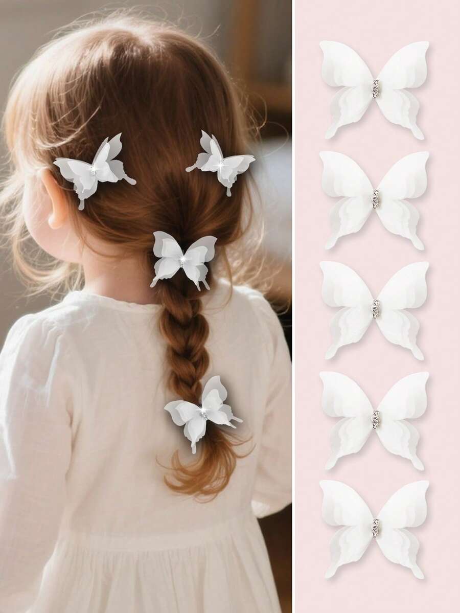 5pcs/Set Girls Butterfly Fabric Rhinestone Decor 3-Layer Mesh Hair Clips, Cute Hairpins For Daily Use - White - View 1
