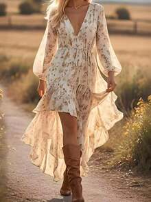 Women's Boho Floral Print Long Sleeve Midi Dress Deep V Neck Casual Asymmetrical Tunic For Fall - 白色 - 查看 1