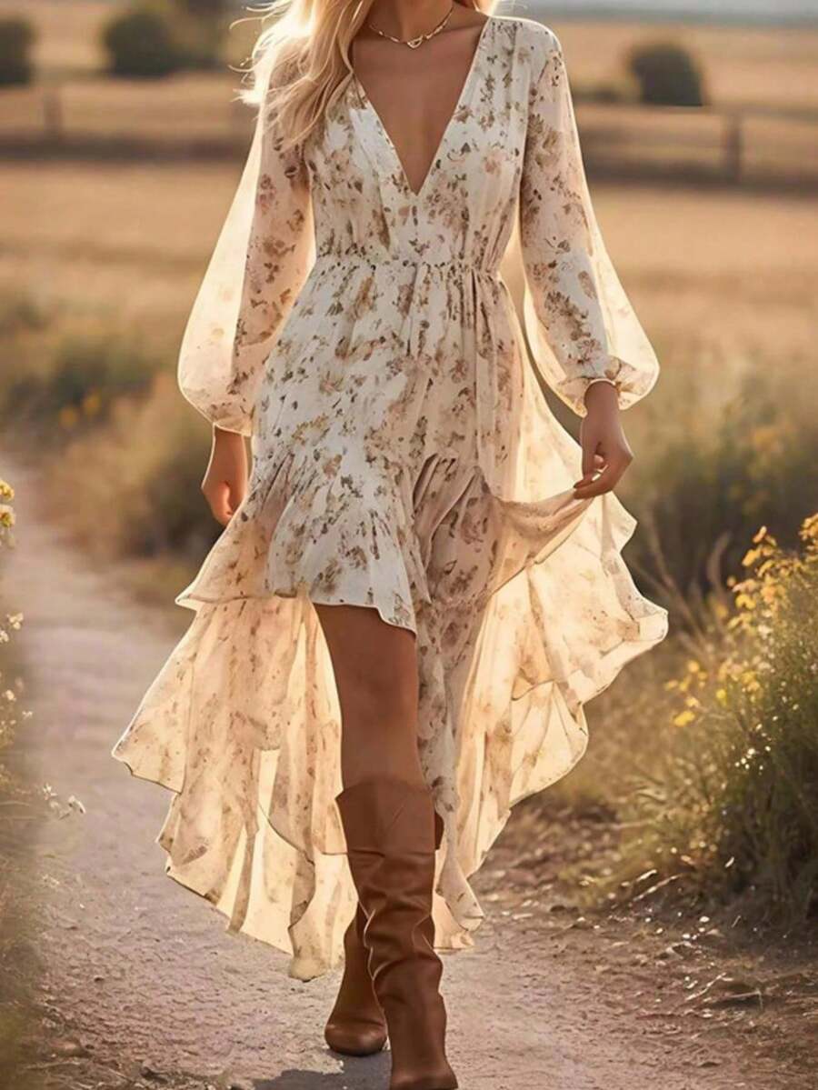 Women's Boho Floral Print Long Sleeve Midi Dress Deep V Neck Casual Asymmetrical Tunic For Fall - 白色 - 查看 1