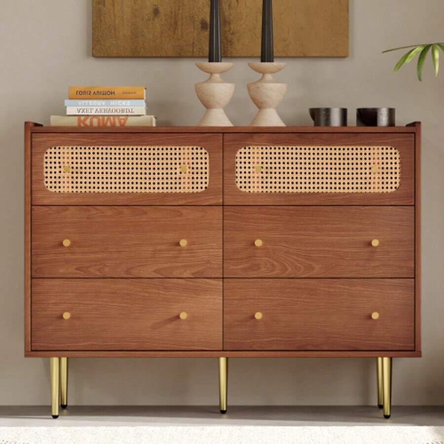 6-Drawer Chest Of Drawers, Rattan Sideboard/Chest Of Drawers For Bedrooms And Living Rooms, Walnut - H90/W120/D40 Cm - Walnut - View 1