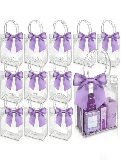 10pcs Reusable Transparent Plastic Gift Bags With Handles, PP Material With Bow Decor, Suitable For Weddings, Bridal Showers, Birthday Parties, Baby Showers, Small Businesses, Can Be Used As Mother's Day Gift Packaging (Purple)
