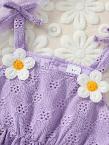 Set 2 buc. pentru fete mici, top cu broderie florală, scobit din buzunar, și pantaloni scurți de culoare uni, ținută de vacanță și casual - Mov Mov - Vizualizare 4