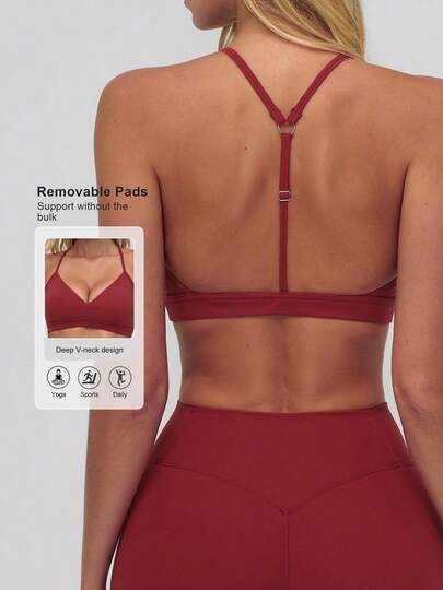 Sodalemon Women's Solid Color Fitness Gym Tank Top, Adjustable V-Neck Lining, Outdoor Casual Sports Elastic Yoga Running Fitness Sports Bra